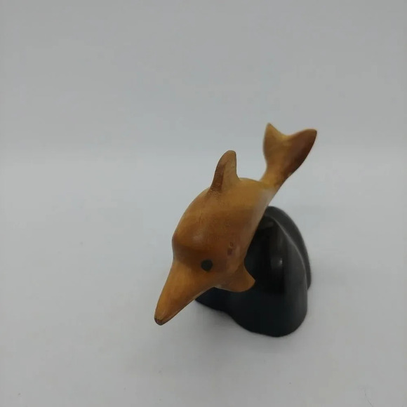 Hand carved Wooden Mini Dolphin  Figurine on Base - Picture 3 of 5